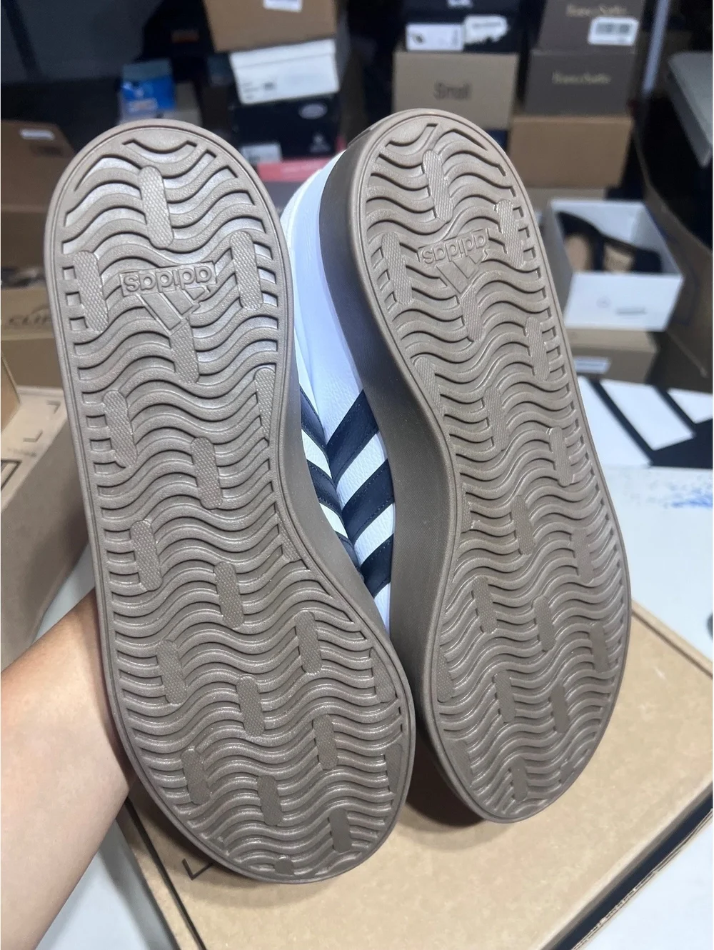 Adidas White Sneakers with Black Stripes and Brown Sole, Size 11 US